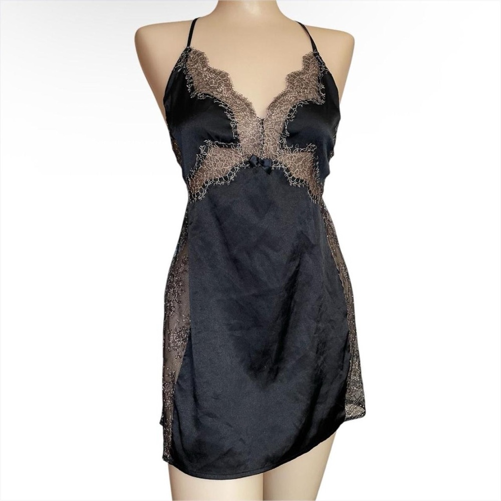 Victoria's Secret Black Satin Chemise with Lace Detail